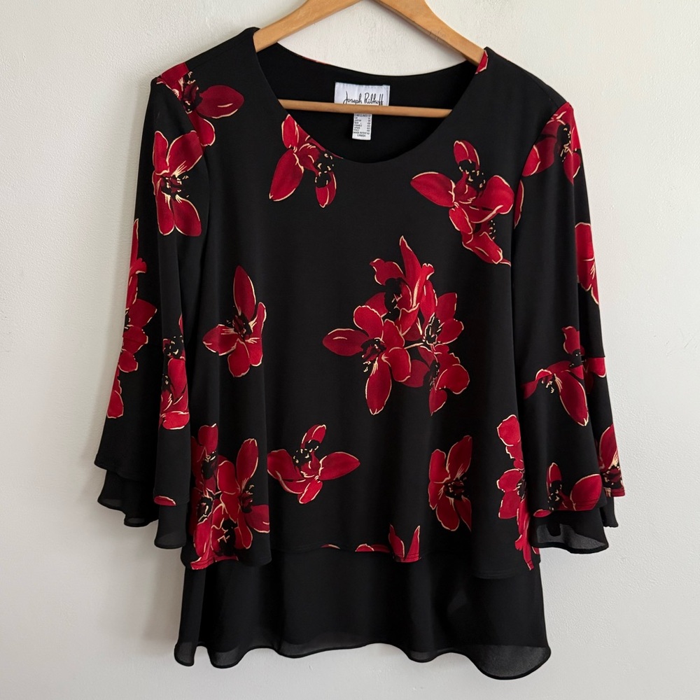 Joseph Ribkoff Black Blouse with Red Floral Motif